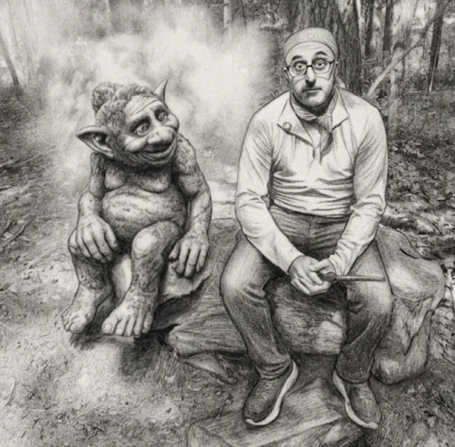 An Outdoor Wizard sitting beside a friendly forest troll on a log